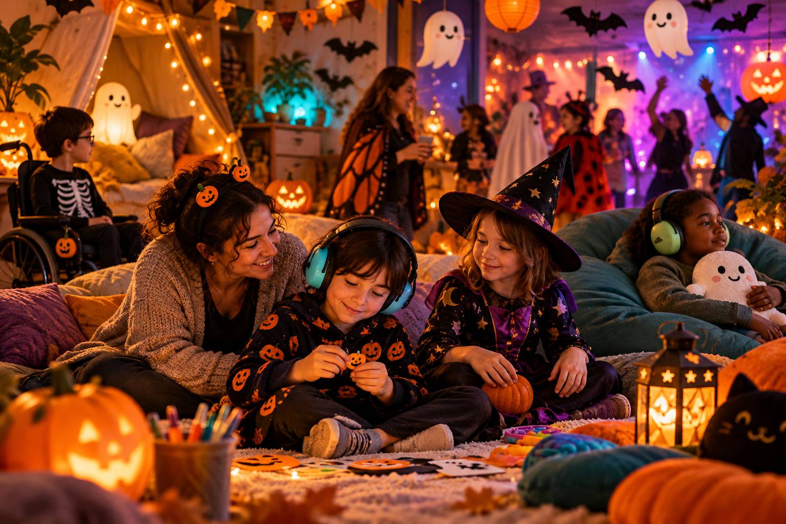 Khu vực vui chơi Halloween được trang trí bằng ánh sáng ấm áp dịu nhẹ thay vì đèn nháy rực rỡ