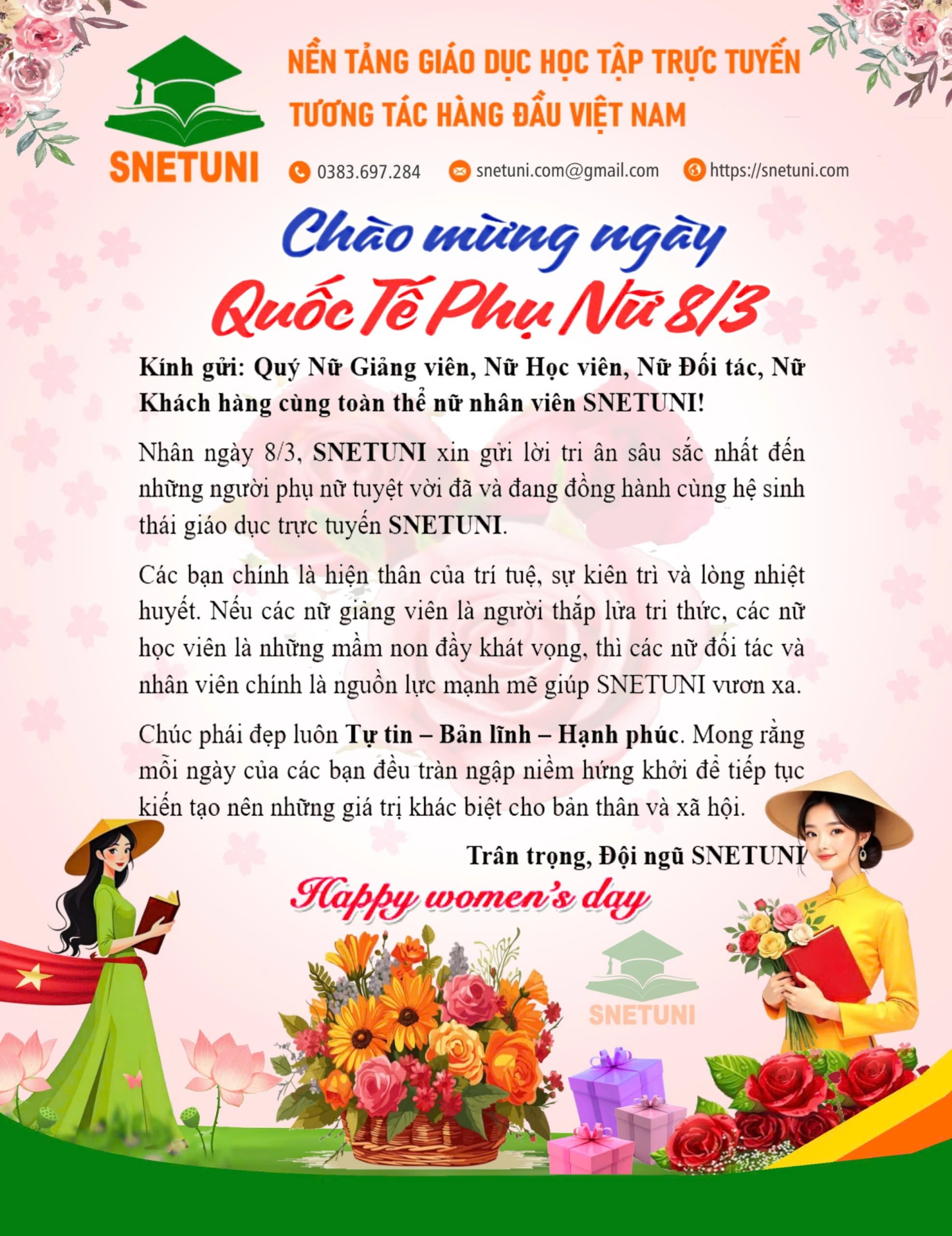 Thư chúc mừng Quốc tế Phụ nữ 8/3 - SnetUni gửi ngàn lời chúc yêu thương đến một nửa xinh đẹp của thế giới 