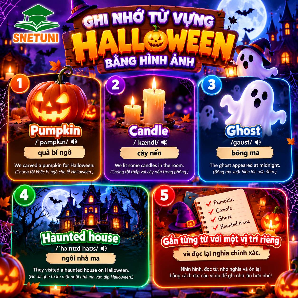 Học từ vựng Halloween bằng hình ảnh bí ngô, cây nến, bóng ma và ngôi nhà ma