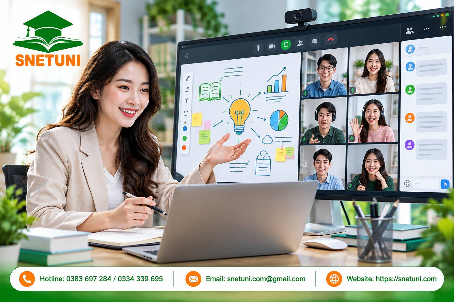Giảng viên sử dụng các công cụ trình chiếu chuyên nghiệp khi dạy học với SNETUNI MEET