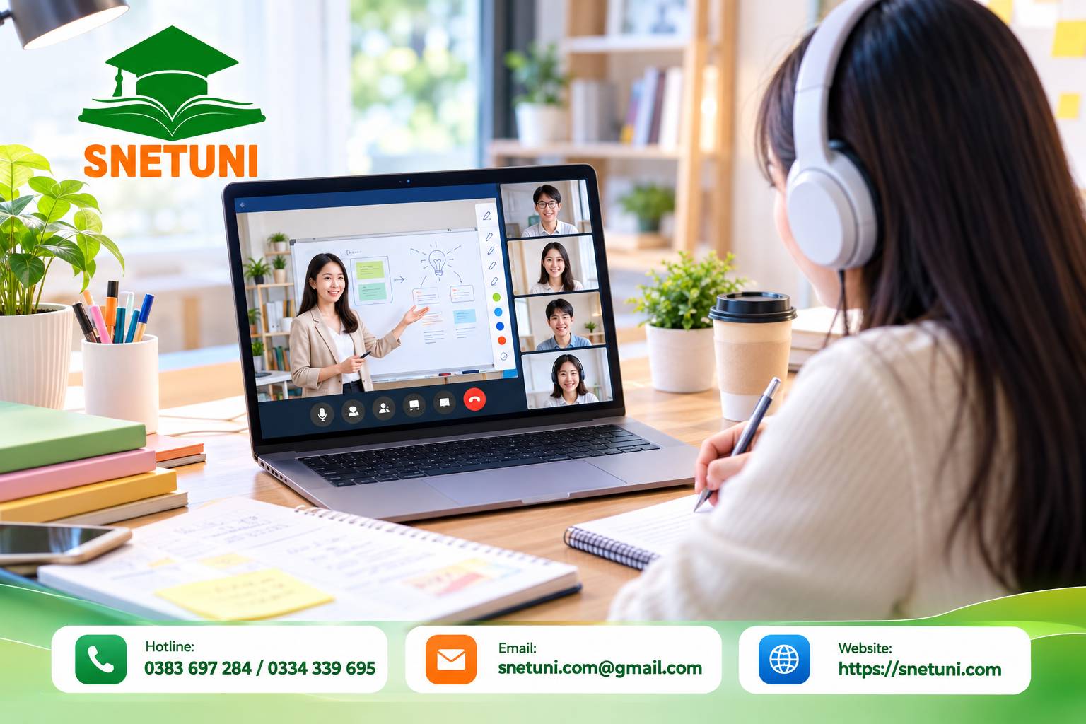 Học viên thảo luận nhóm sôi nổi trong phòng học nhỏ chia tách từ phần mềm SNETUNI MEET