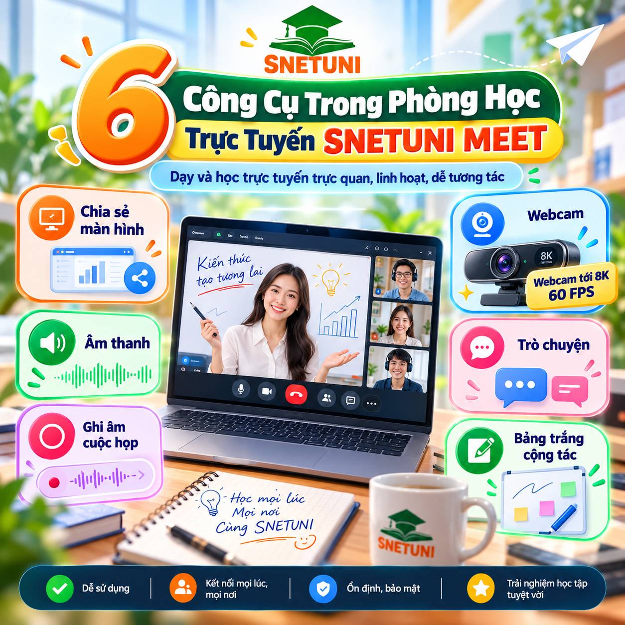 6 tính năng phòng học trực tuyến SNETUNI MEET và thông số webcam 8K 60 FPS