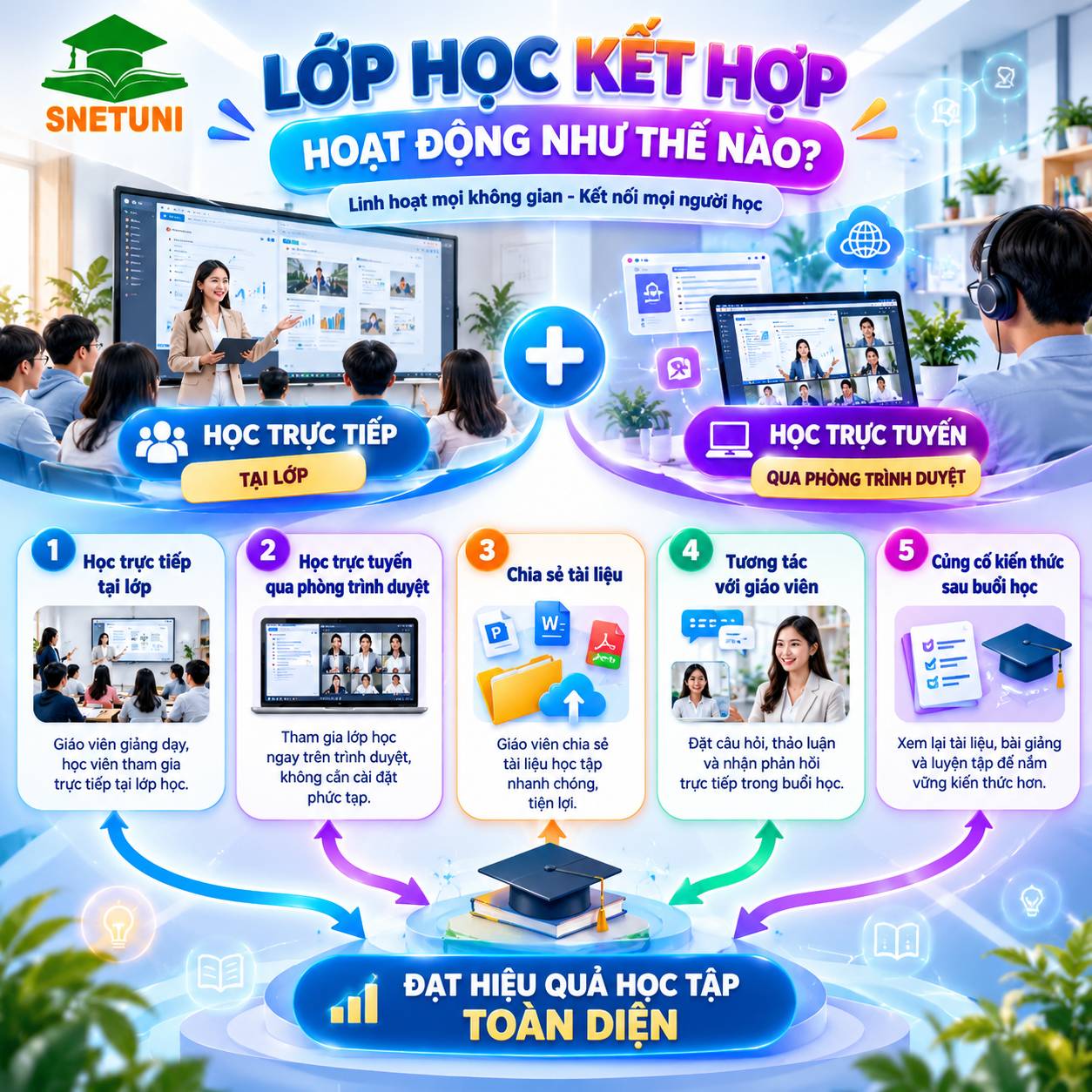 Lớp học kết hợp trực tiếp và trực tuyến với phòng học SNETUNI MEET
