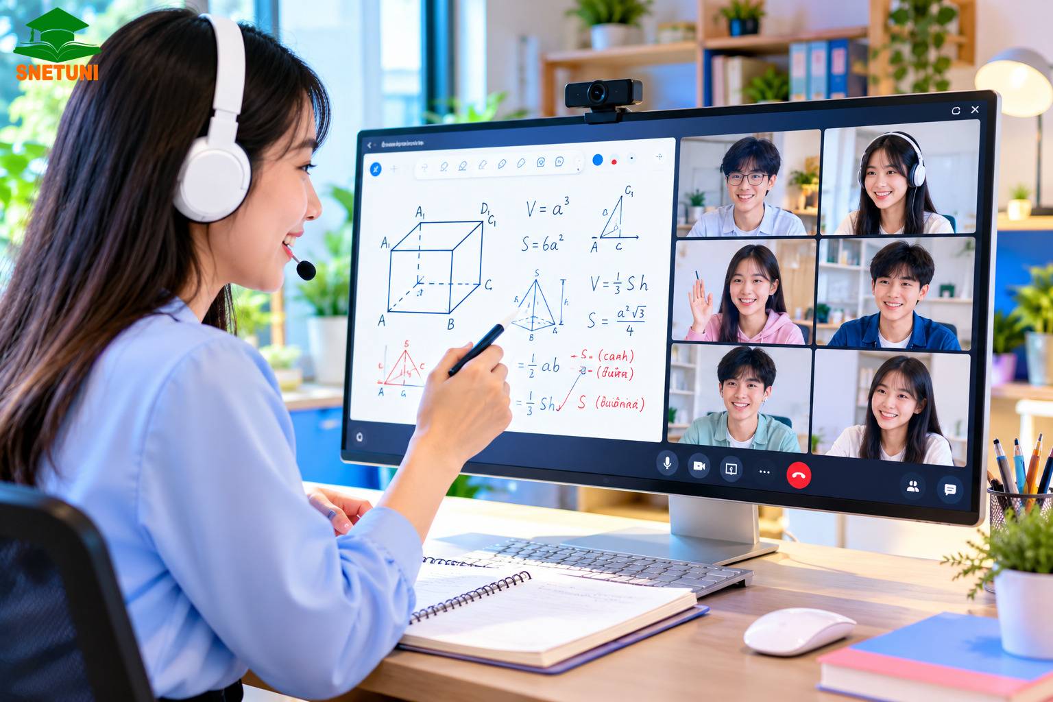Phòng học tương tác trực tuyến SNETUNI MEET tích hợp nhiều công cụ hỗ trợ thông minh như bảng viết online và các công cụ hỗ trợ ôn luyện dạy học thông minh 