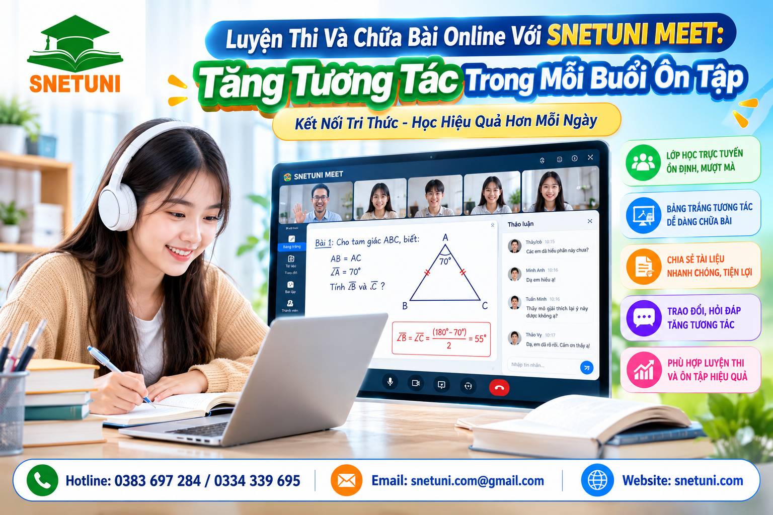 Phòng học tương tác trực tuyến SNETUNI MEET giúp tăng cường khả năng trao đổi trực tiếp giữa giảng viên và học viên 