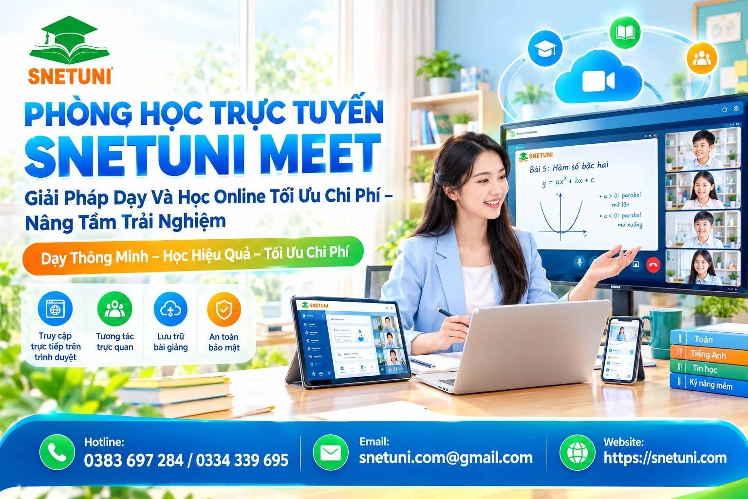 Phòng học tương tác trực tuyến SNETUNI MEET dễ dàng sử dụng không cần cài đặt, tiết kiệm chi phí 