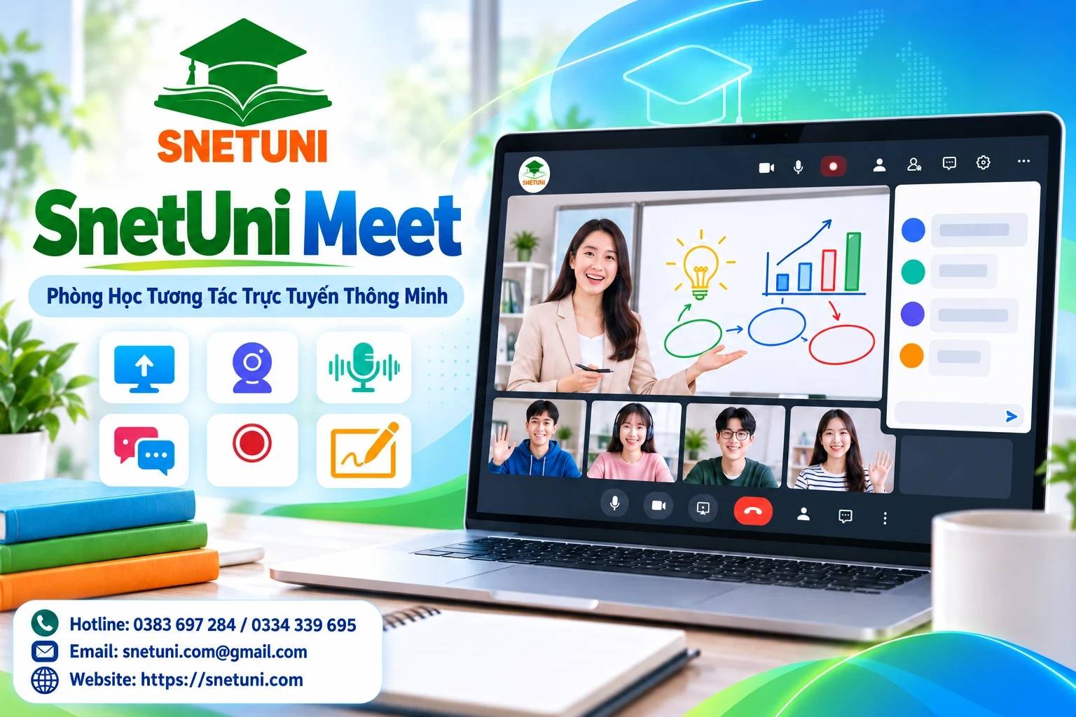 SNETUNI MEET với nhiều tính năng thông minh ưu việt hỗ trợ hiệu quả giảng dạy online linh hoạt đơn giản thuận tiện 