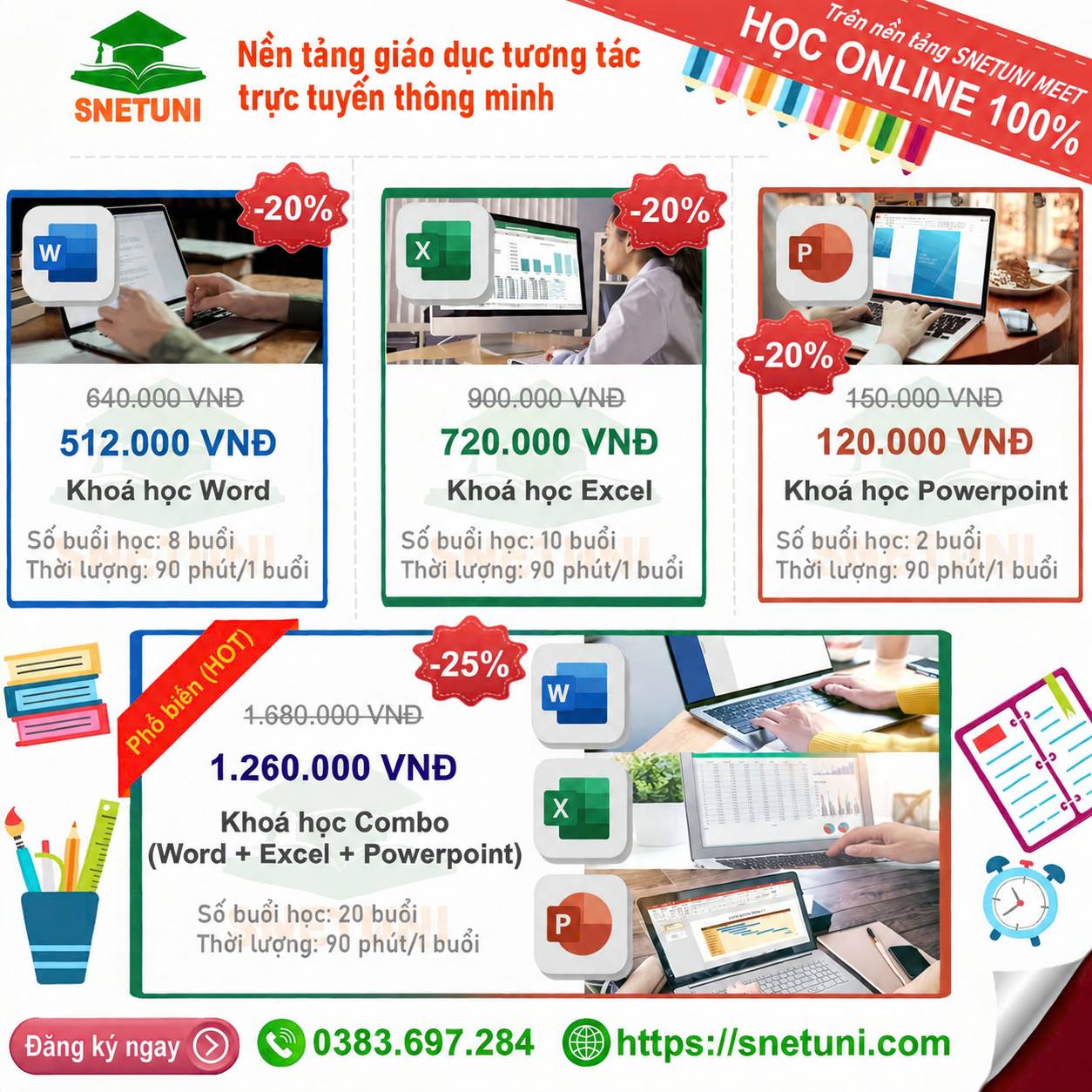 Học phí Tin học văn phòng online trên nền tảng giáo dục tương tác trực tuyến SNETUNI