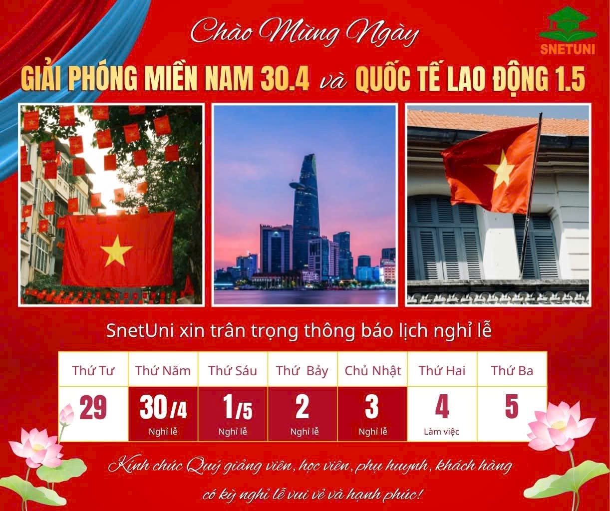 SNETUNI THÔNG BÁO LỊCH NGHỈ ĐẠI LỄ 30/4 – 1/5/2026