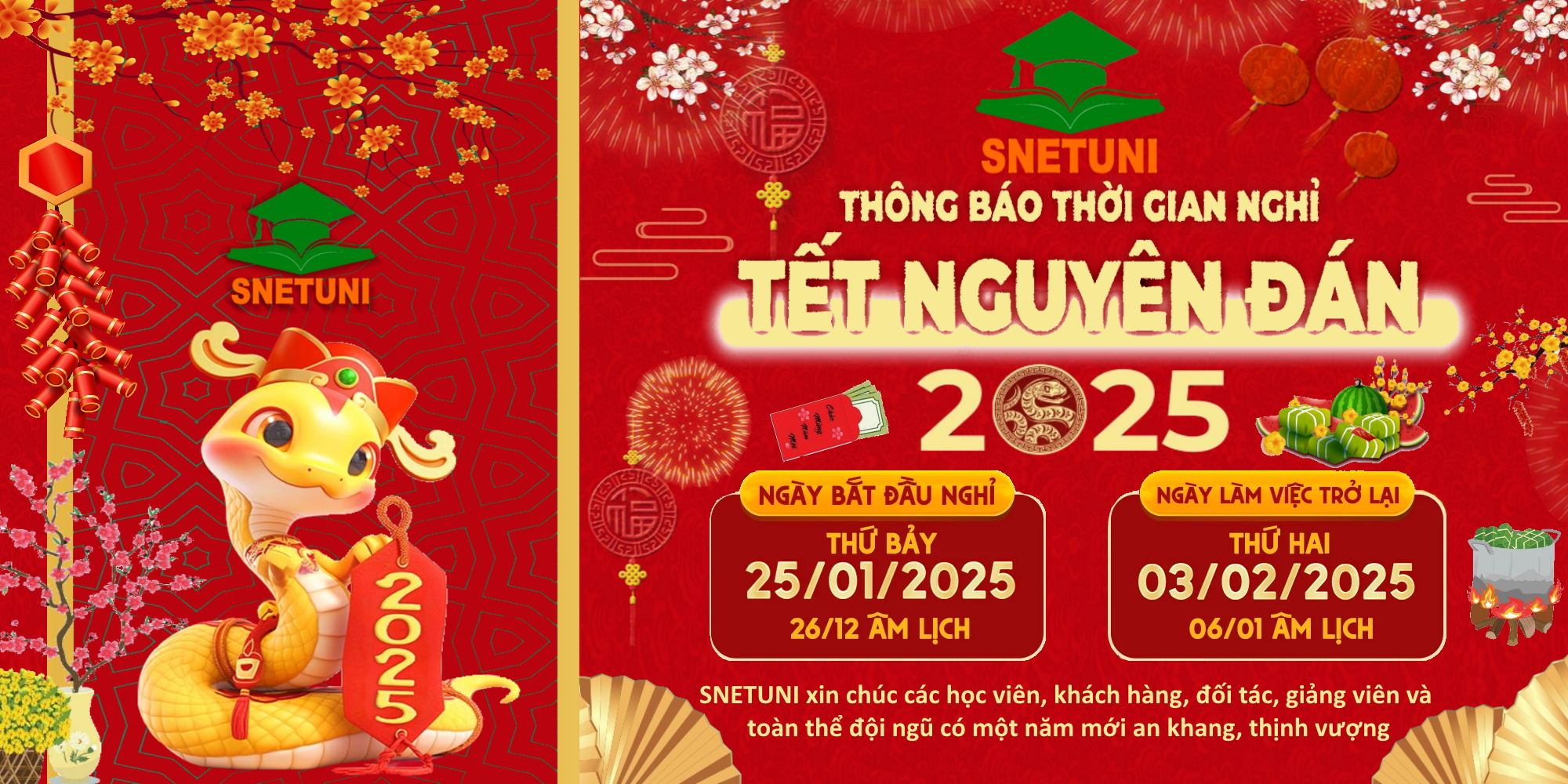 SNETUNI thông báo lịch nghỉ tết Nguyên Đán Ất Tỵ 2025